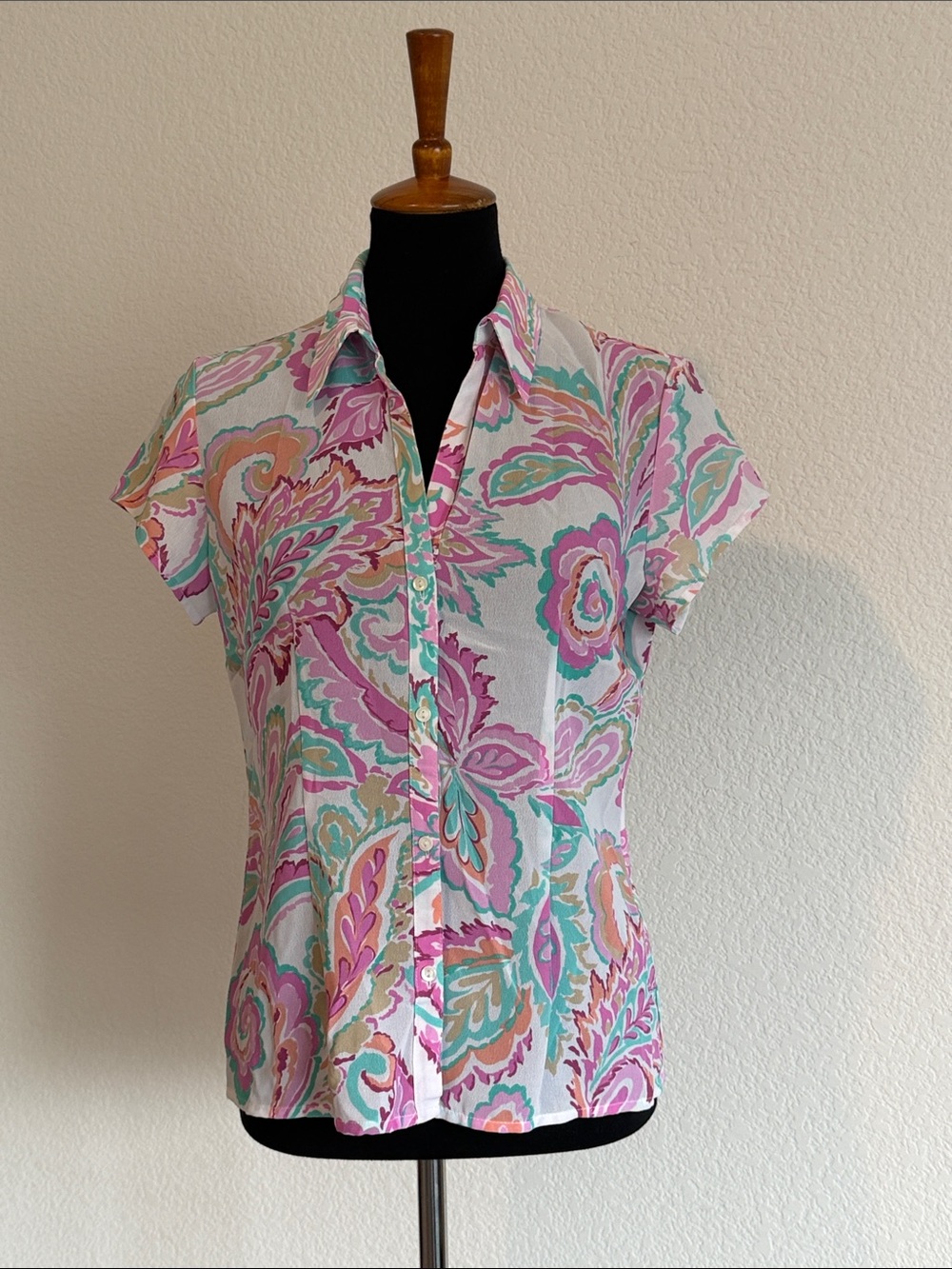New York & Company Pink and Teal Paisley Button-Down Shirt